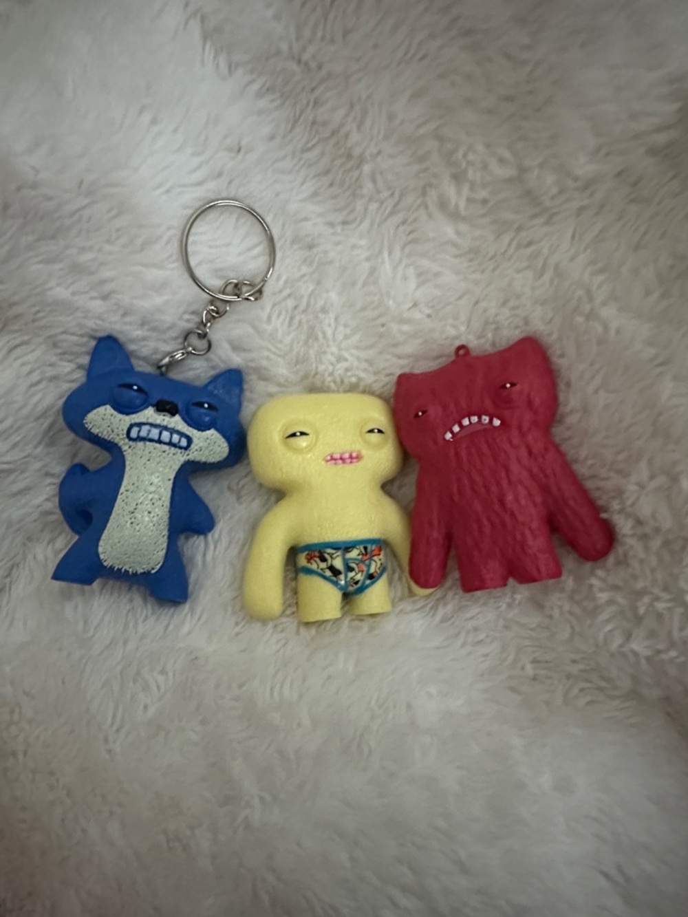 Three Fuggler Vinyl Monster Keychains - Blue, Yellow, Red